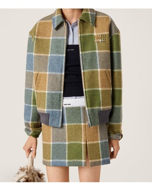 Miu Miu Green Wool Check Bomber Jacket