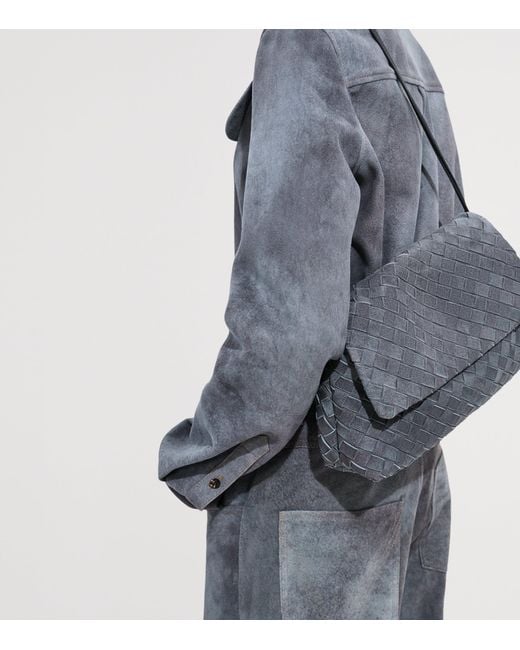 Bottega Veneta Gray Suede Intrecciato Giorno Shoulder Bag