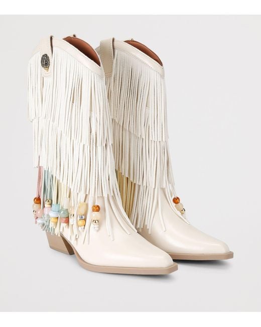 Kurt Geiger White Leather Fringed Cowboy Boots 50