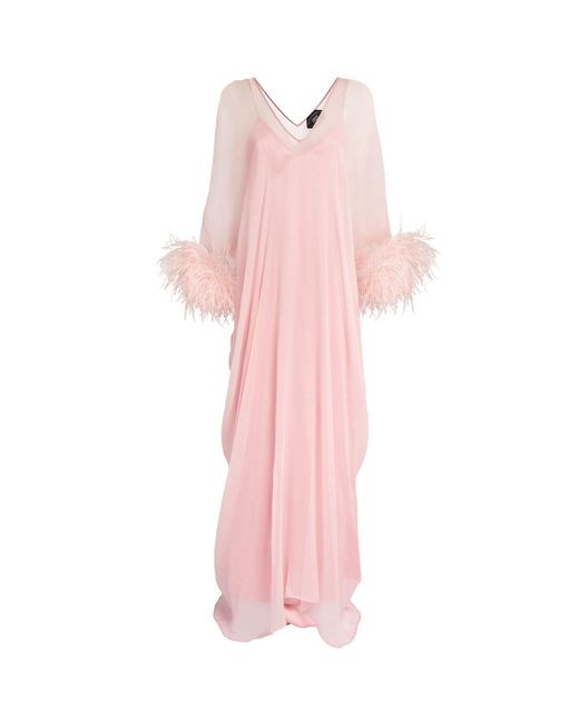 ‎Taller Marmo Pink Feather-trim Kaftan Dress