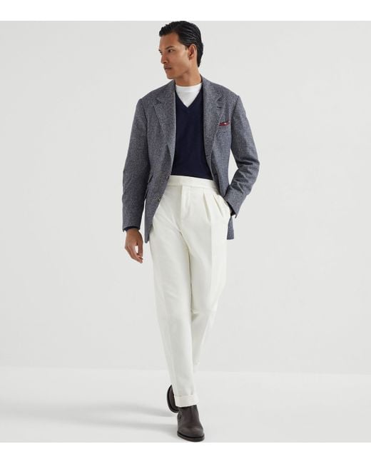 Brunello Cucinelli Blue Cashmere V-Neck Sweater for men