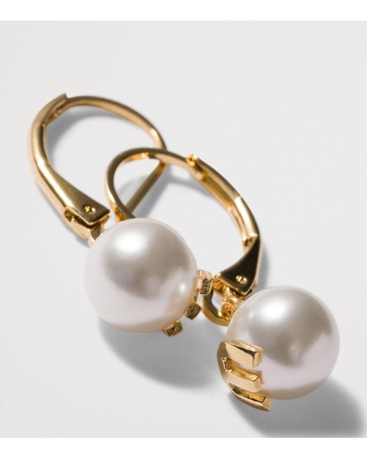 Miu Miu Metallic Faux Pearl Logo Earrings