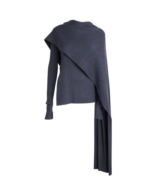 Helmut Lang Blue Merino Wool Ribbed Draped Sweater