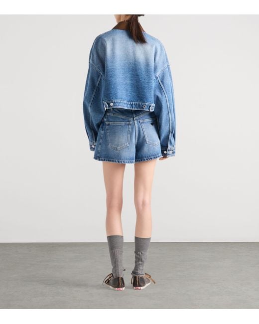 Prada Blue Leather-Collar Cropped Denim Jacket