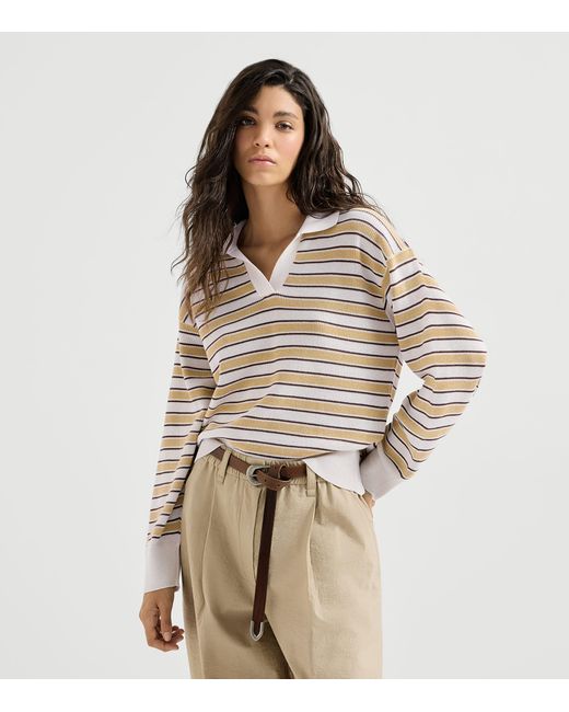 Brunello Cucinelli White Cotton-Blend Stripe Polo Sweater