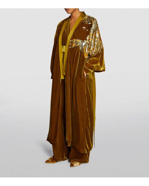 Olivia Von Halle Yellow Velvet-silk Embellished Queenie Robe