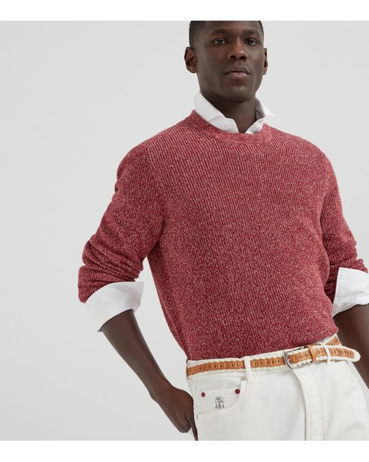 Brunello Cucinelli Red Cotton-Linen English Rib Sweater for men