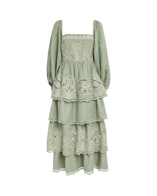 Lug Von Siga Green Linen-Blend Broderie Anglaise Monika Maxi Dress
