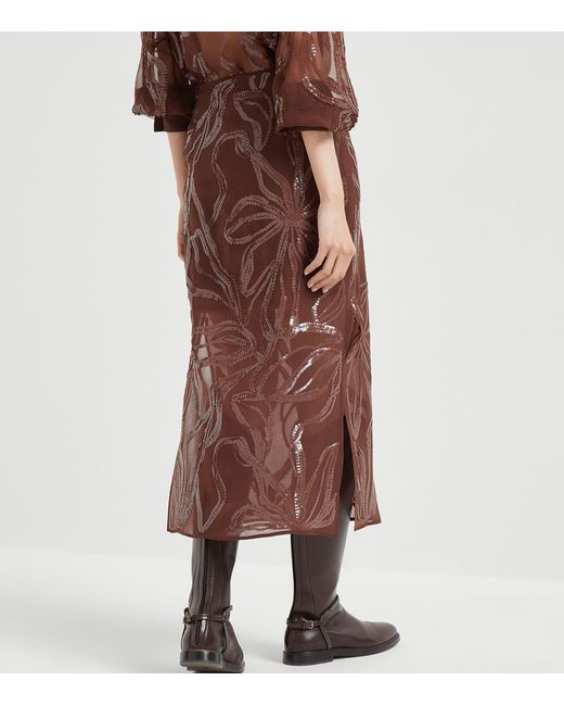 Brunello Cucinelli Brown Silk Embellished Midi Skirt