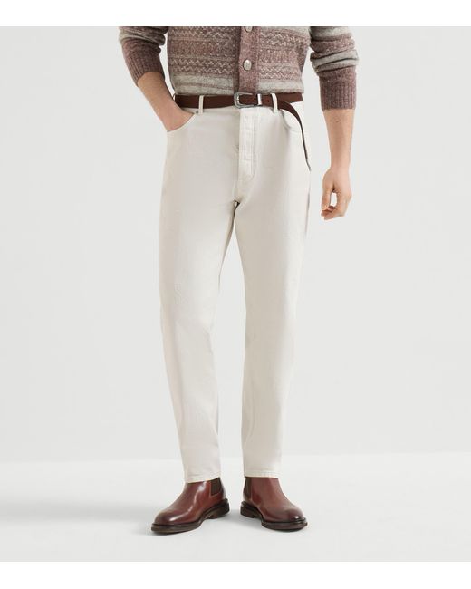 Brunello Cucinelli White Cotton Denim Five-Pocket Trousers for men