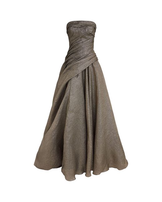 Marmar Halim Brown Metallic Strapless Draped Gown
