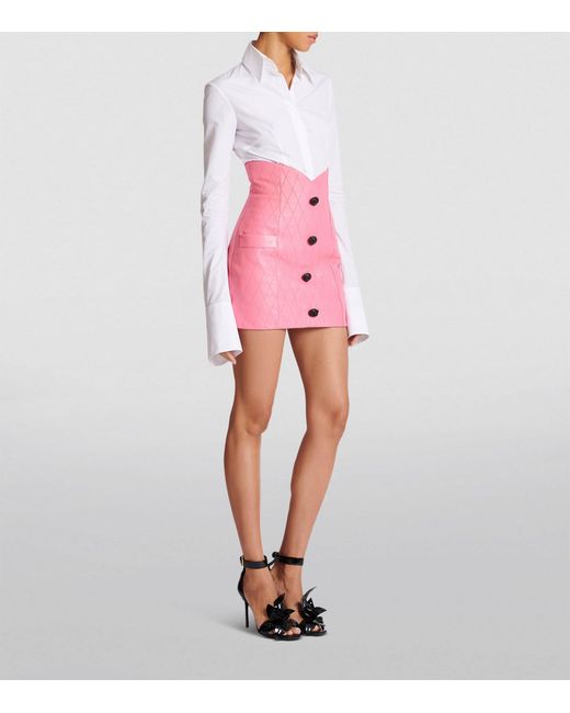 Balmain Pink Quilted Leather Tulip Mini Skirt