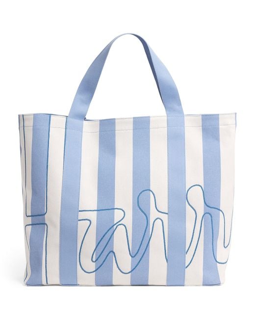 Harrods Blue Large Cotton Stripe Logo Tote Bag