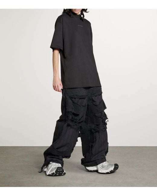 Balenciaga Black Distressed Rhinestone-Logo T-Shirt
