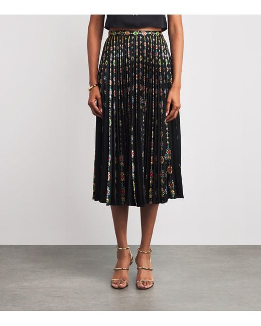 Saloni Black Satin Pendant Stripe Print Pleated Midi Skirt