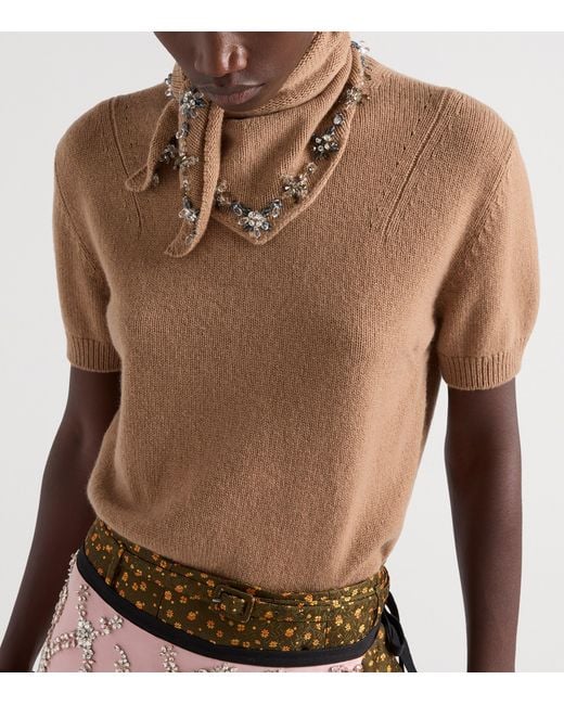 Prada Brown Cashmere Embellished Scarf-Detail Sweater