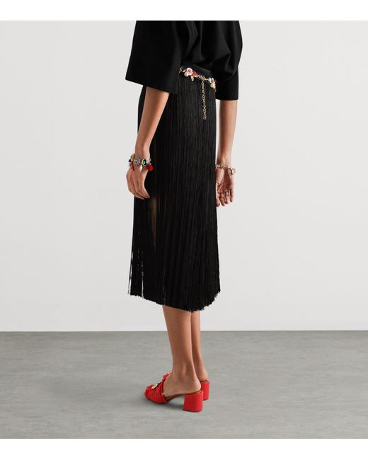 Dolce & Gabbana Black Satin Fringe Midi Skirt