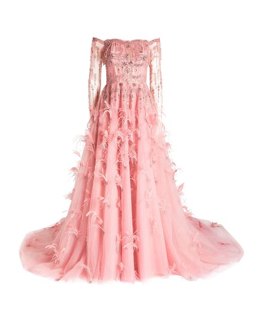 Pamella Roland Pink Feather-trim Embellished Gown