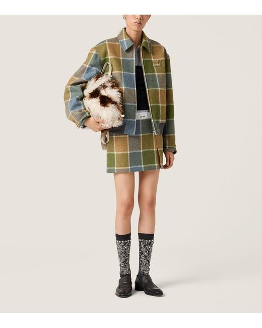 Miu Miu Green Wool Check Bomber Jacket