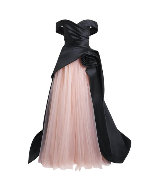 Pamella Roland Black Tulle Appliqué Off‑The‑Shoulder Gown
