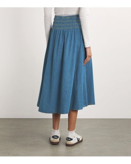 Maje Blue Denim Smocked Maxi Skirt