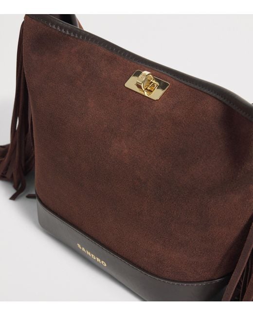 Sandro Brown Mini Leather Fringe Tangoso Bucket Bag