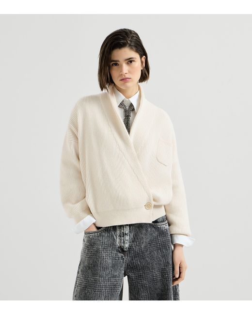 Brunello Cucinelli White Cashmere English Rib Asymmetric Cardigan
