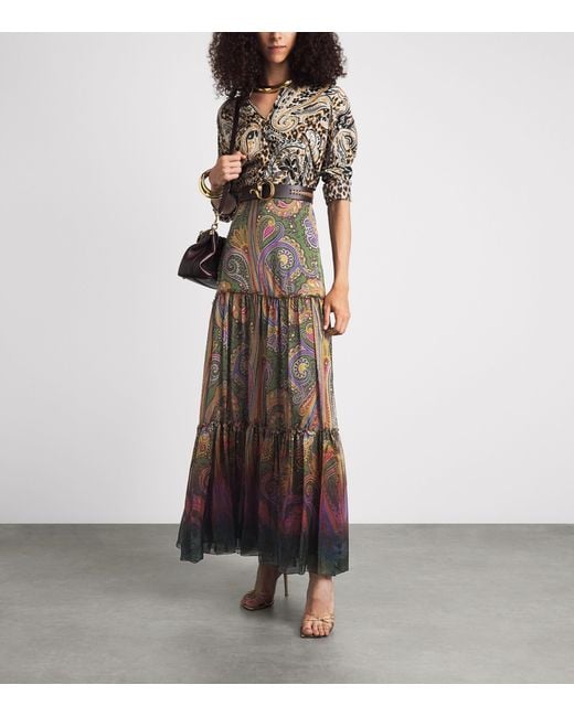 Etro Green Silk Paisley Tiered Maxi Skirt