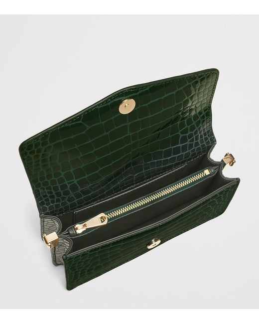 Aspinal Green Leather Croc-Embossed Eliza Clutch Bag