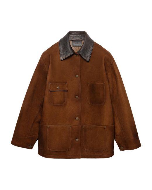 Prada Brown Suede Leather-Collar Jacket