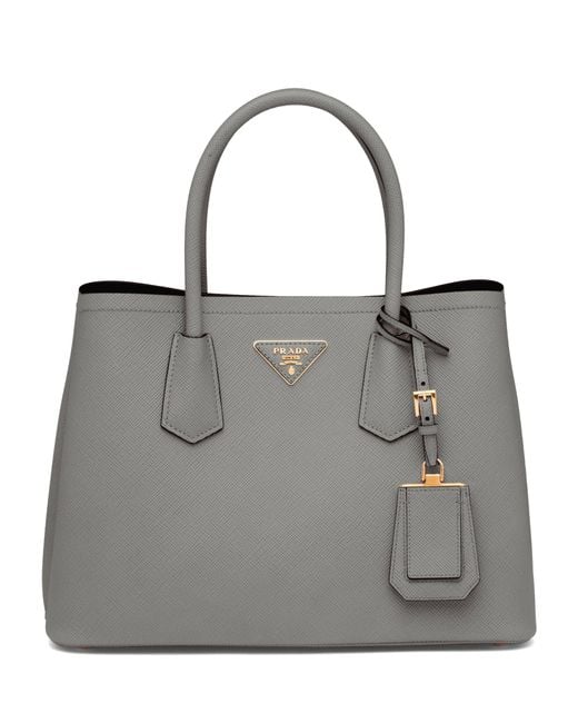 Prada Gray Small Leather Saffiano Double Top-handle Bag