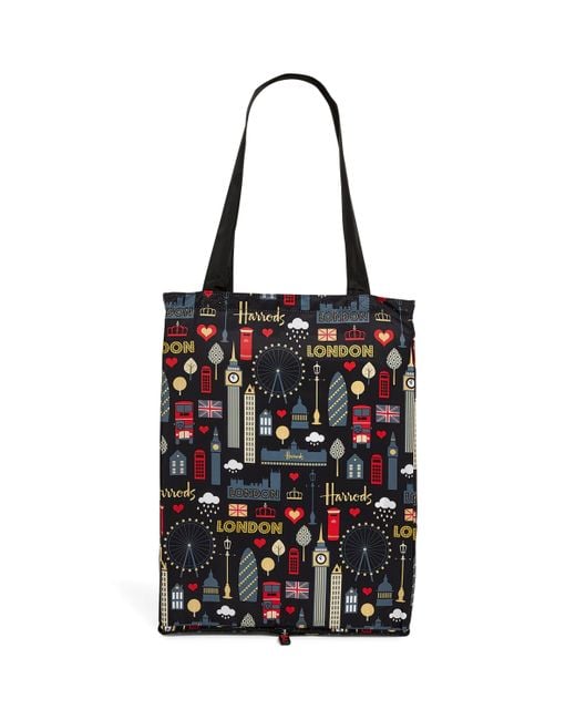 Harrods Black Glitter London Pocket Shopper Bag
