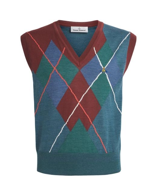 Vivienne Westwood Blue Wool-Cotton Argyle Sweater Vest for men