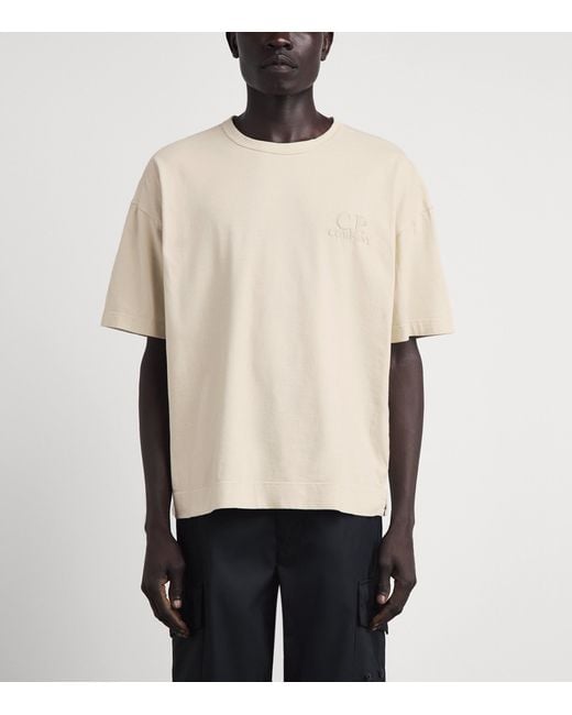 C P Company White Cotton Embroidered Logo T-Shirt for men