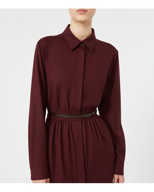 Max Mara Red Stretch-Virgin Wool Belted Shirt Dress
