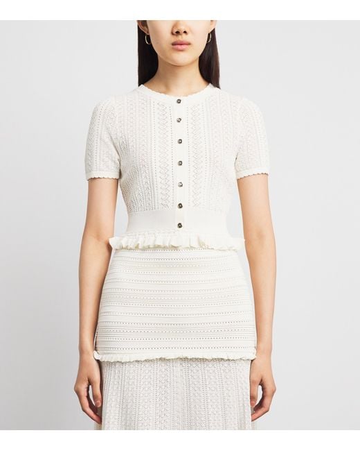 Sandro White Pointelle-Knit Cropped Cardigan