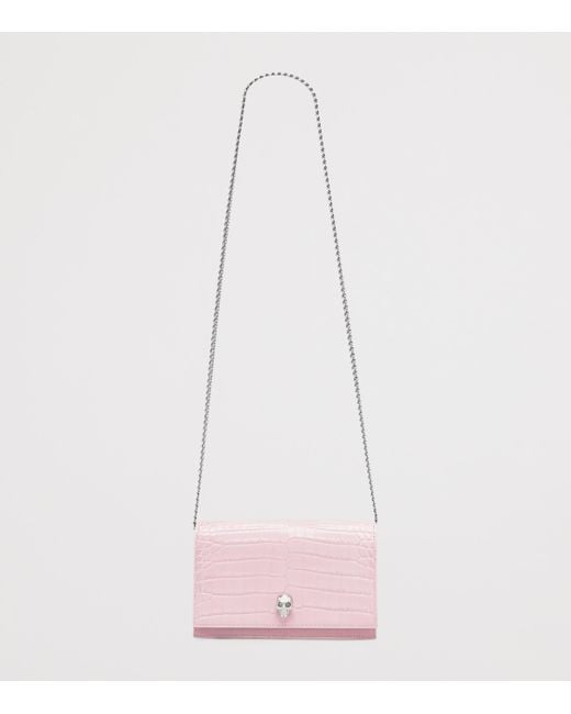 Alexander McQueen Pink Small Croc-Embossed Skull Cross-Body Bag