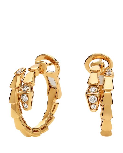 BVLGARI Metallic Yellow Gold And Diamond Serpenti Viper Hoop Earrings