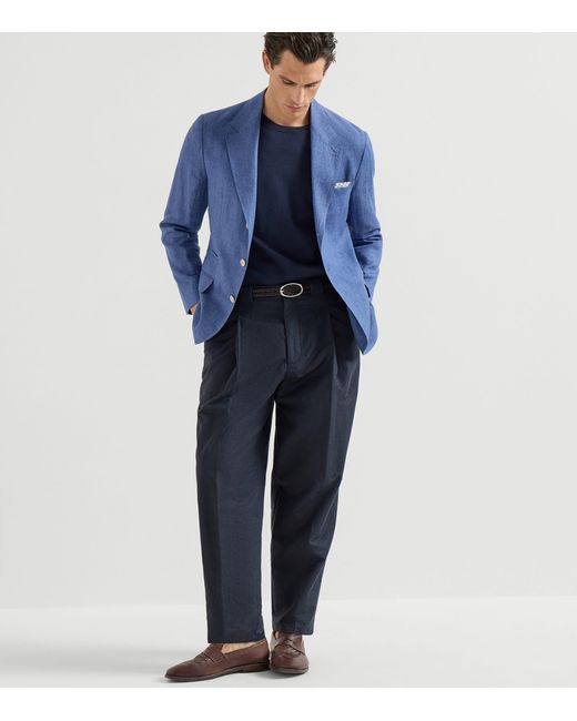 Brunello Cucinelli Blue Linen Single-Breasted Blazer for men