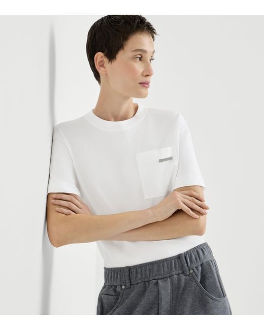 Brunello Cucinelli White Cotton Monili-Trim T-Shirt