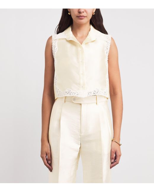 Sandro White Lace-Trim Cropped Shirt