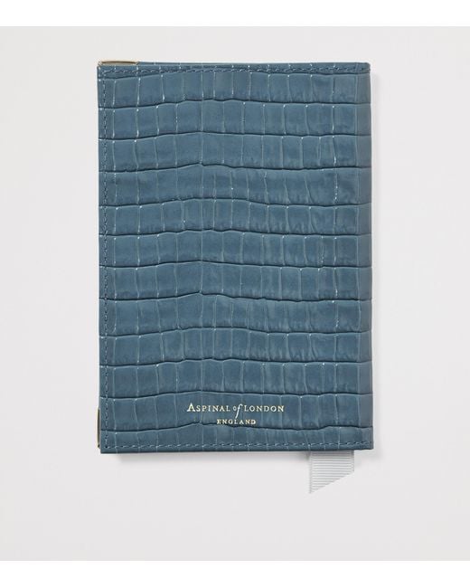 Aspinal Blue Leather Croc-Embossed Passport Cover for men