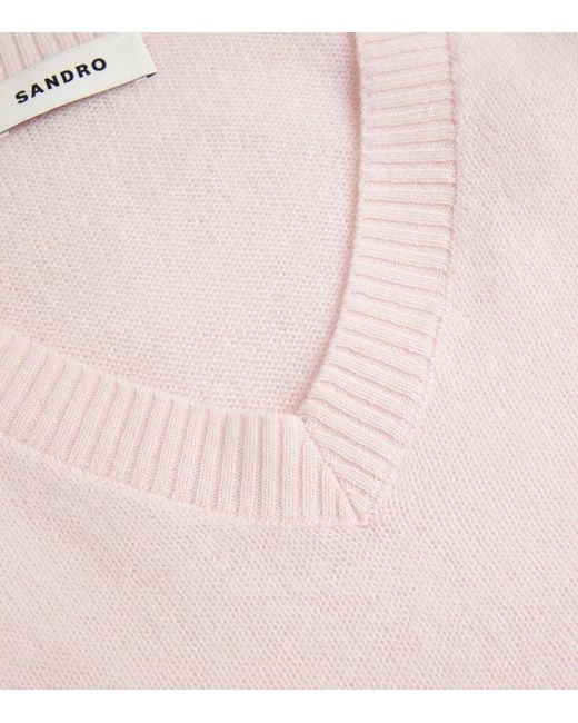 Sandro Pink Wool-Cashmere V-Neck Sweater