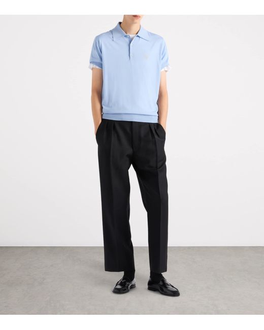 Prada Blue Superfine Fleece Wool Polo Shirt for men