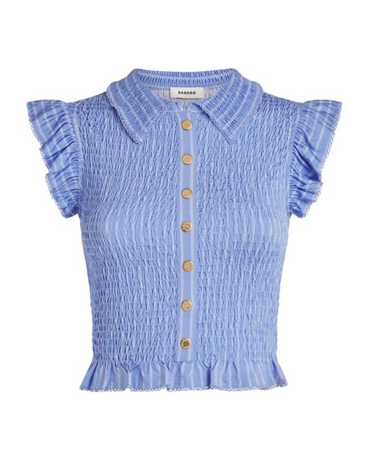 Sandro Blue Smocked Stripe Cropped Shirt