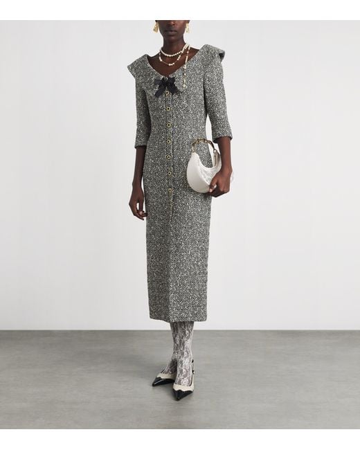 Alessandra Rich Gray Tweed Bow-Detail Midi Dress