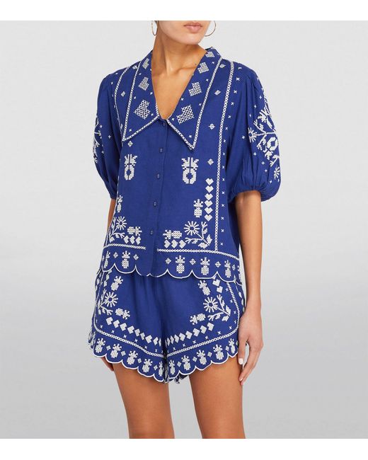 Farm Rio Blue Linen-blend Embroidered Shirt