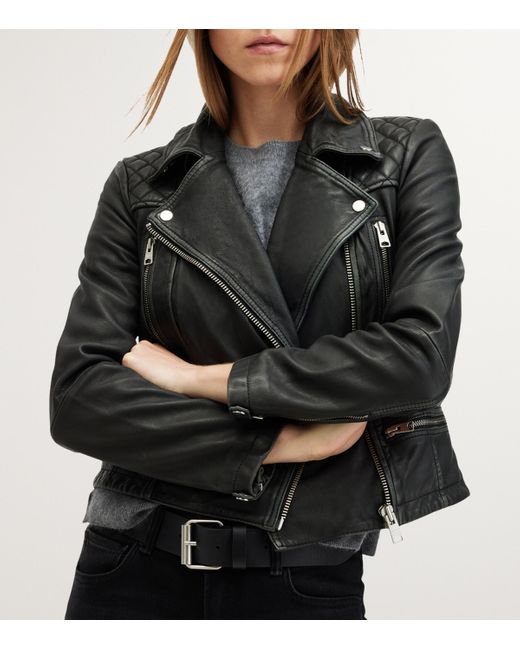 AllSaints Black Leather Cargo Biker Jacket