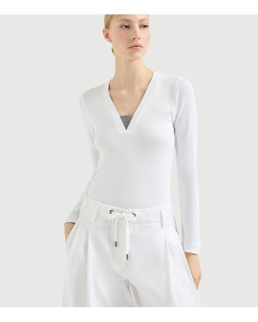 Brunello Cucinelli White Stretch-Cotton Monili-Detail T-Shirt