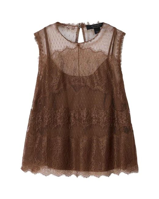 AllSaints Brown Tulle Lace-Trimmed Clara Blouse